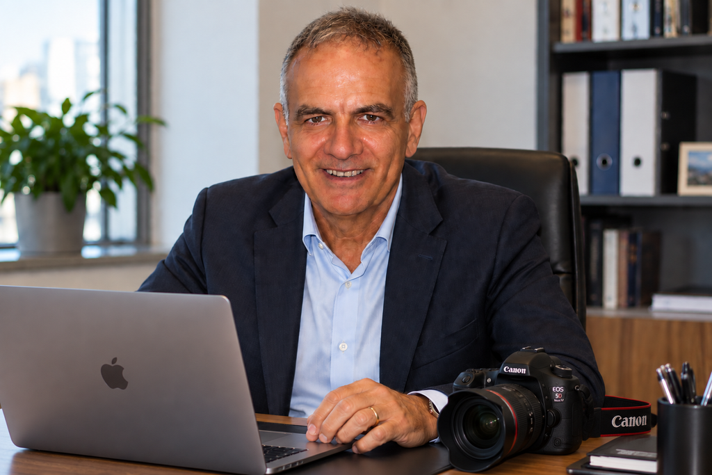 Gerardo Pontiliano alla scrivania con computer e fotocamera